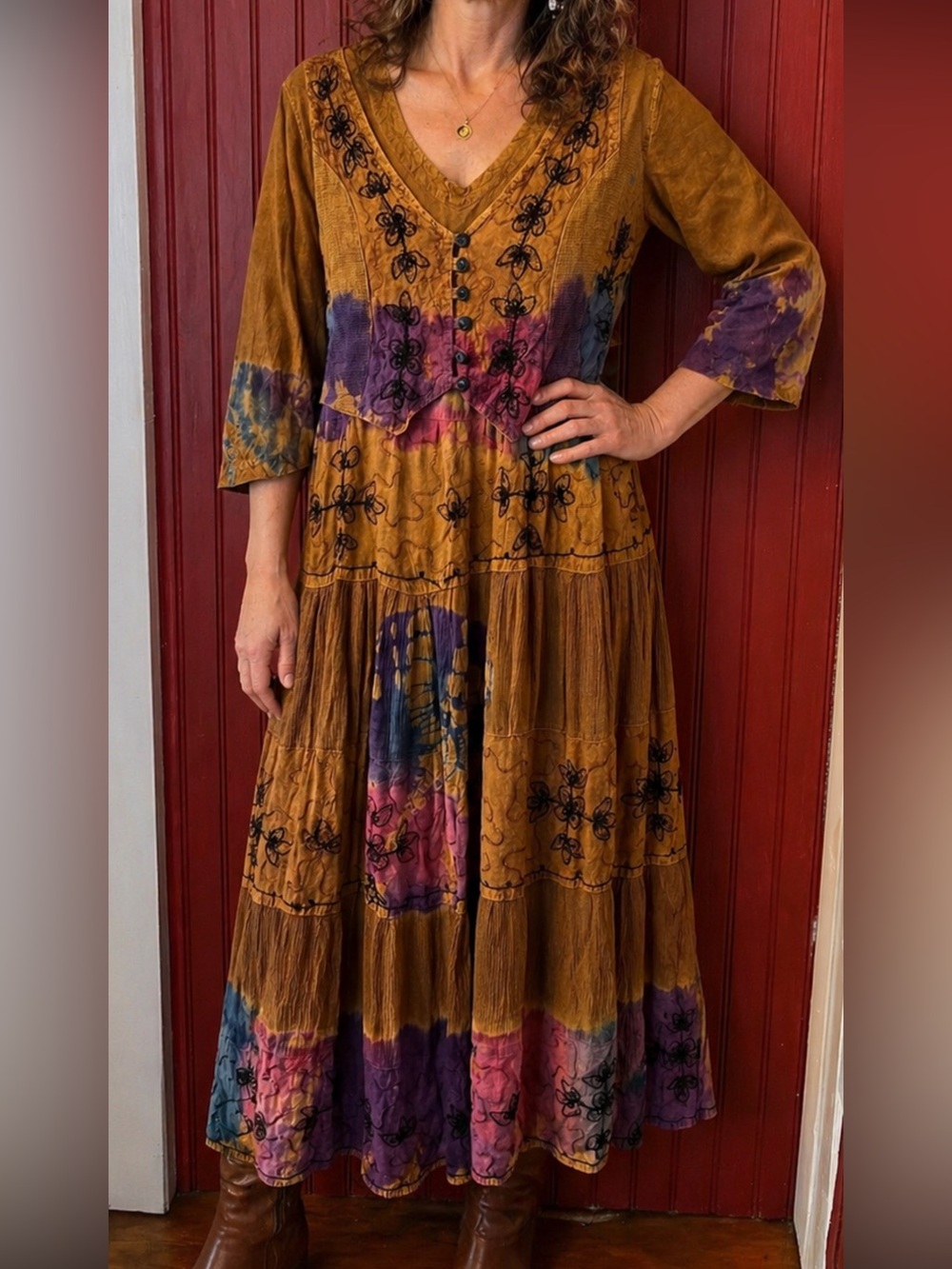 Magic Boho Rayon Mustard Maxi Dress with Purple & Pink Accents Free Size